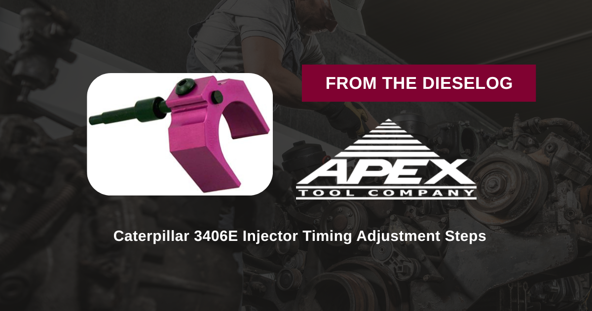 Step-by-step close up layout of heavy-duty Caterpillar injector timing tool resting on an engine cylinder head deck